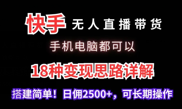 快手无人直播带货，手机电脑都可以，18种变现思路详解，搭建简单日佣2500+【揭秘】-闪越社