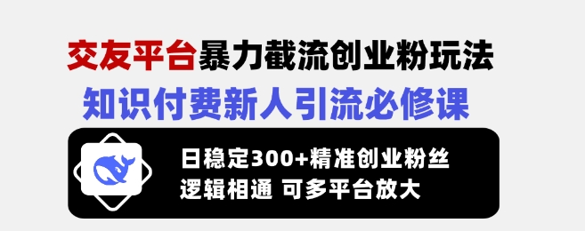 交友平台暴力截流创业粉玩法，知识付费新人引流必修课，日稳定300+精准创业粉丝，逻辑相通可多平台放大-闪越社