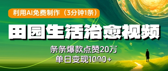 利用AI免费制作田园生活治愈视频，条条爆款点赞20W，单日变现几张-闪越社