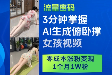 3分钟掌握AI生成俯卧撑女孩视频，零成本涨粉变现，1个月1W粉-闪越社