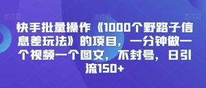 快手批量操作《1000个野路子信息差玩法》的项目,一分钟做一个视频一个图文,不封号,日引流150+【揭秘】-闪越社