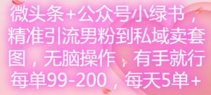 微头条+公众号小绿书,精准引流男粉到私域卖套图,无脑操作,有手就行,每单99-200,每天5单-闪越社