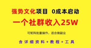 强势文化项目,一个社群收入25个W,0成本启动,可矩阵批量操作,原创详细实操教程-闪越社